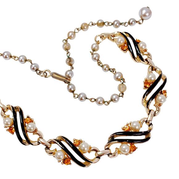 Vintage 50s Gold Tone Black Enamel Faux Pearl Rhinestone Link Choker Necklace - Picture 1 of 14
